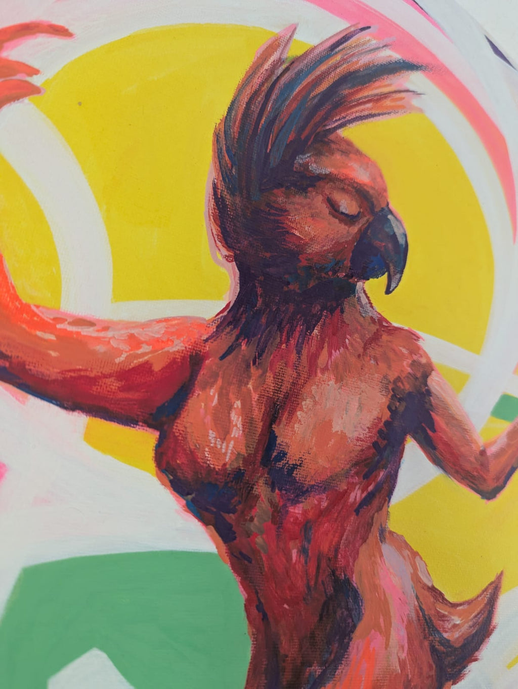 “The Parrot Dancer” – Original Acrylic on Round Canvas