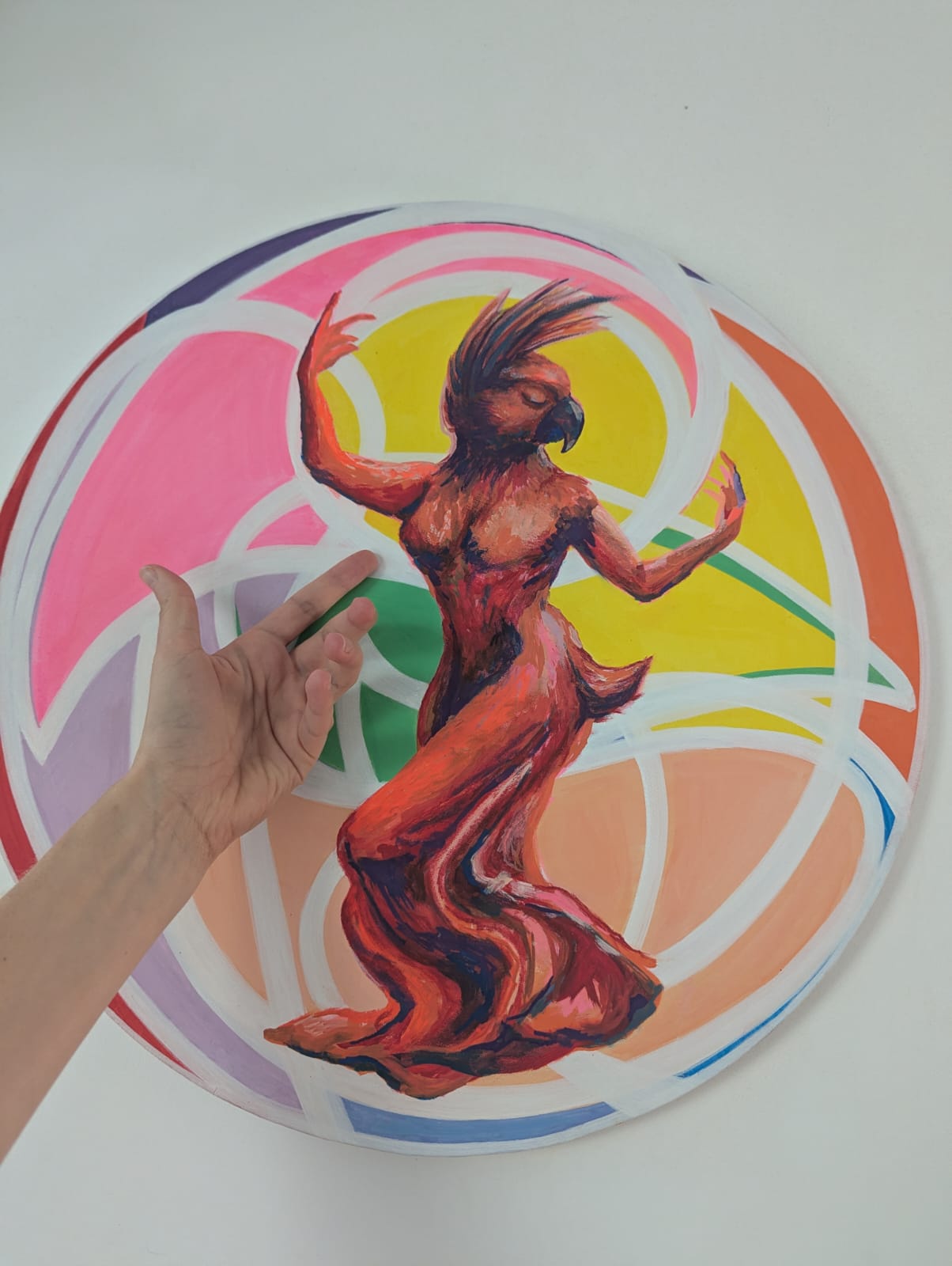 “The Parrot Dancer” – Original Acrylic on Round Canvas