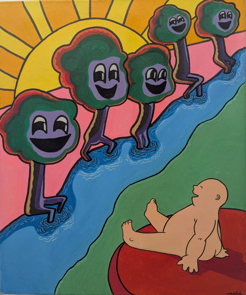 Colorful artwork of green characters with purple legs crossing a river, with a baby watching from a red rock.